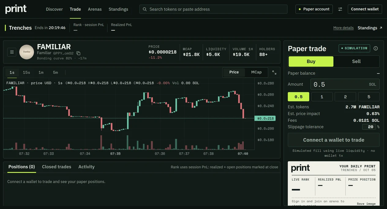 The Print Arena trade view, signed out: a live token chart, the paper-trade panel and the print slip